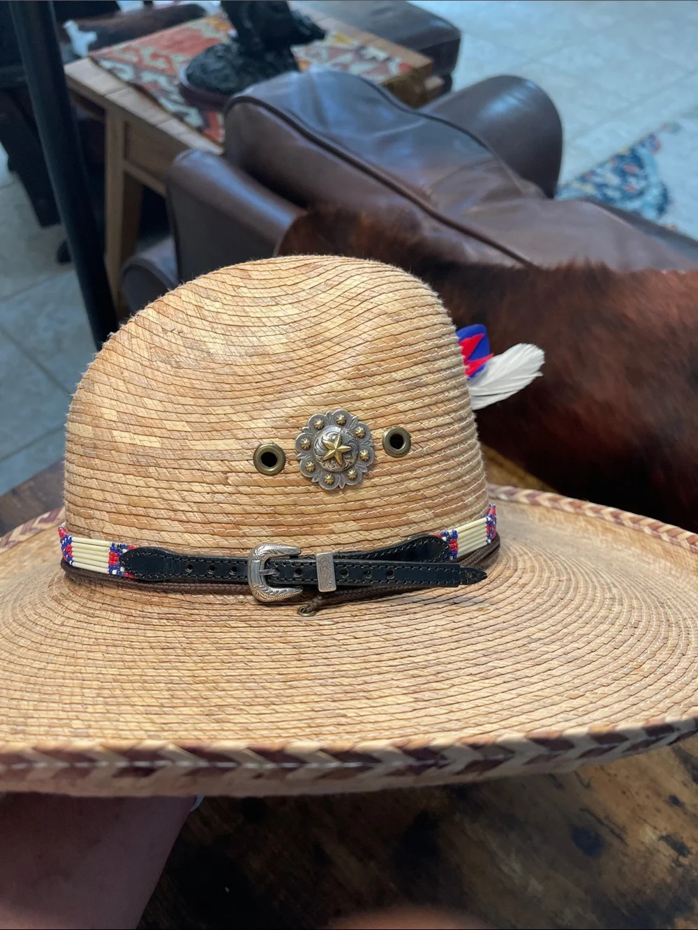 Women’s Straw Cowboy Hat with Red, Blue & White Feather - Patriotic Choncho